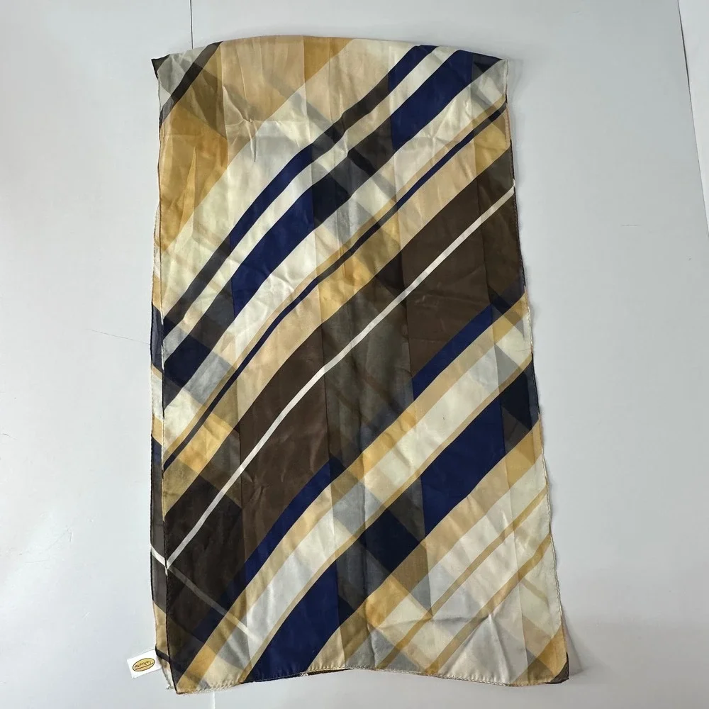Vtg Talbots 100% Silk Long Scarf Navy Blue Gold Striped Japan Semi Sheer READ